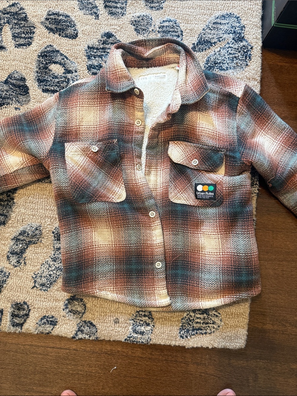 Zara Plaid Button-Down Shirt Jacket in Brown, Teal & Cream